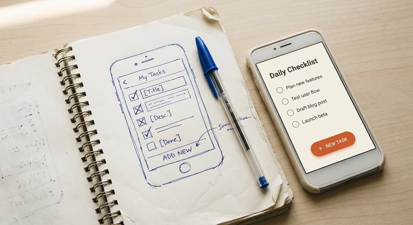 Illustrative concept sketch beside a sample mobile screen