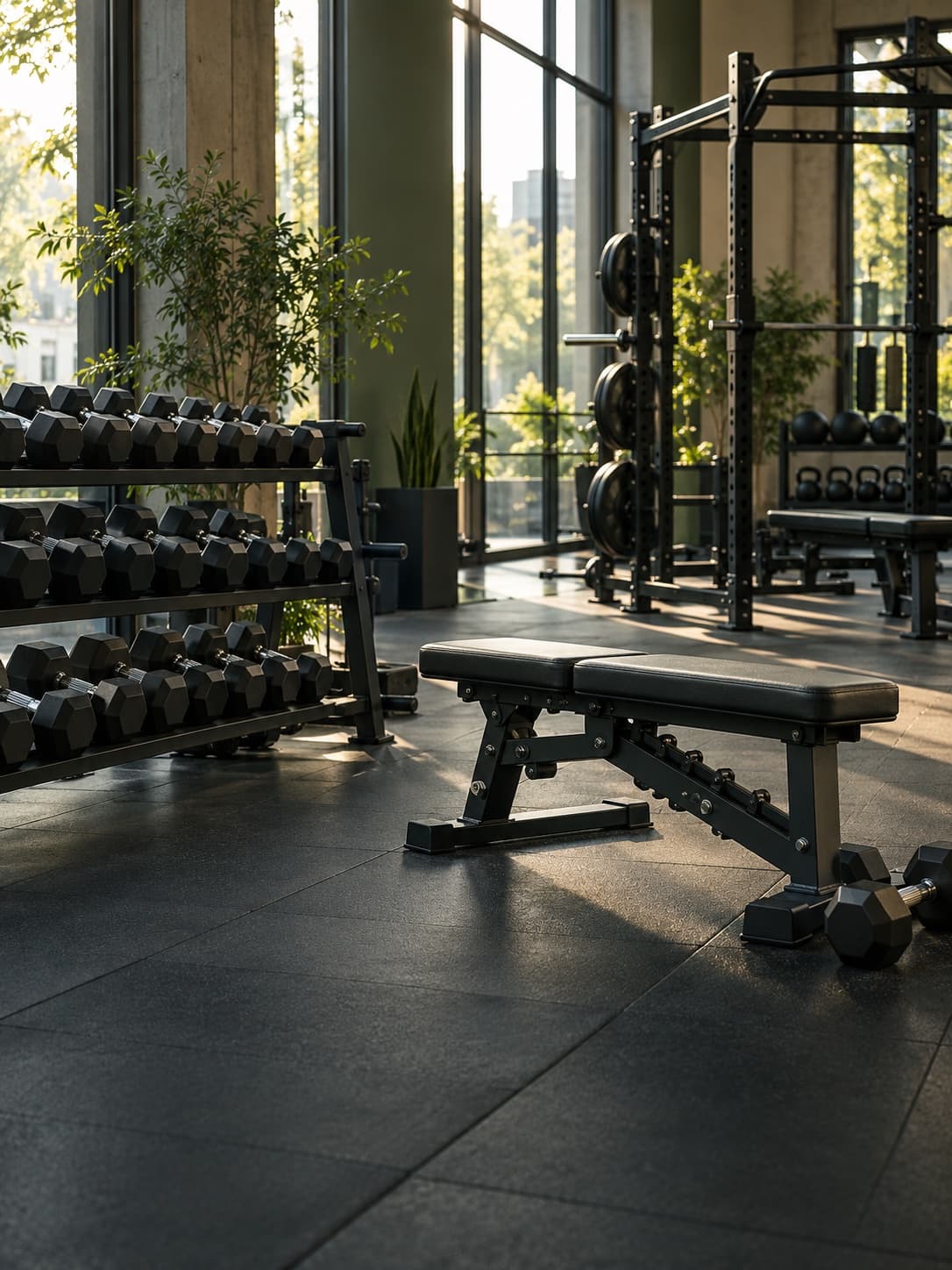 Sunlight across a weight bench and dumbbells in a green-toned gym